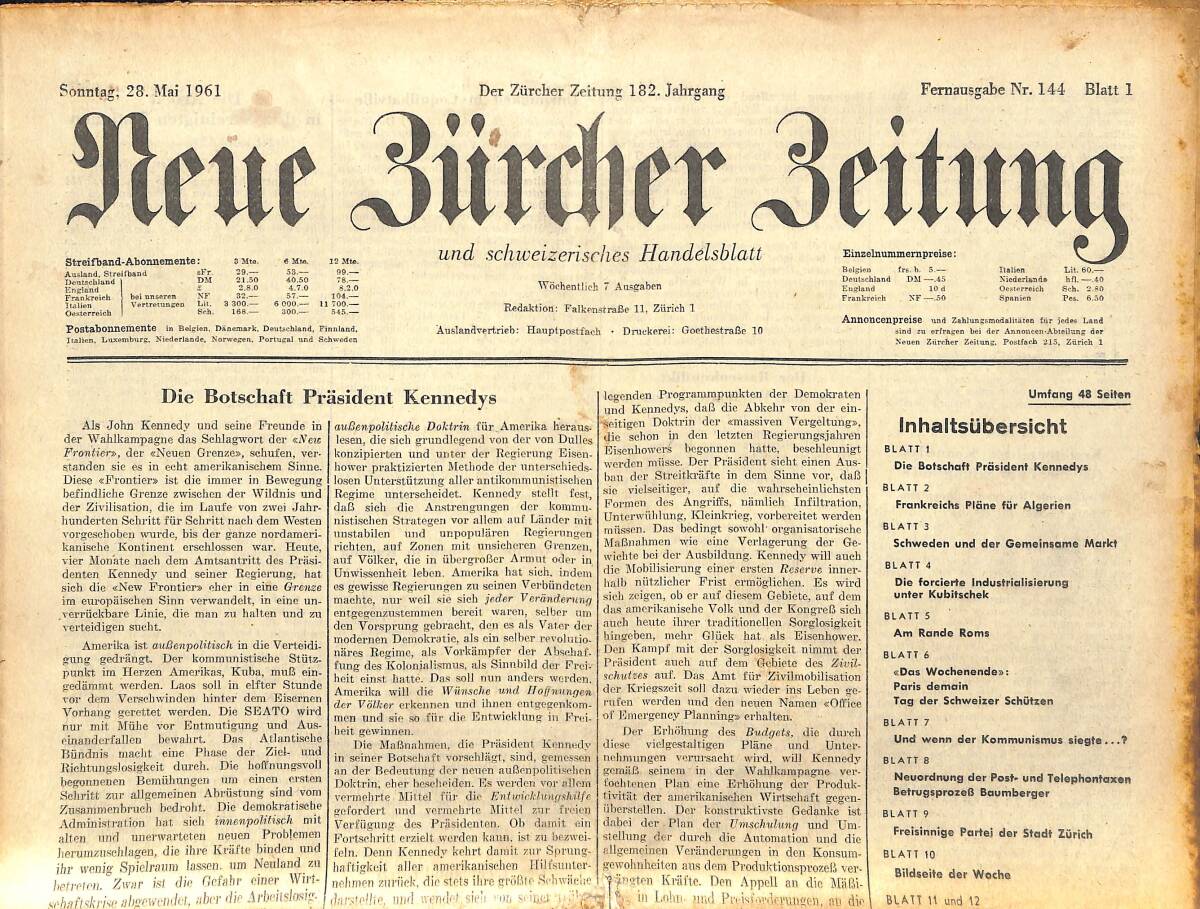 Neue Bürcher Beitung 28 Mai 1961 - Die Botschaft Prasident Kennedys GZ141571 - 1
