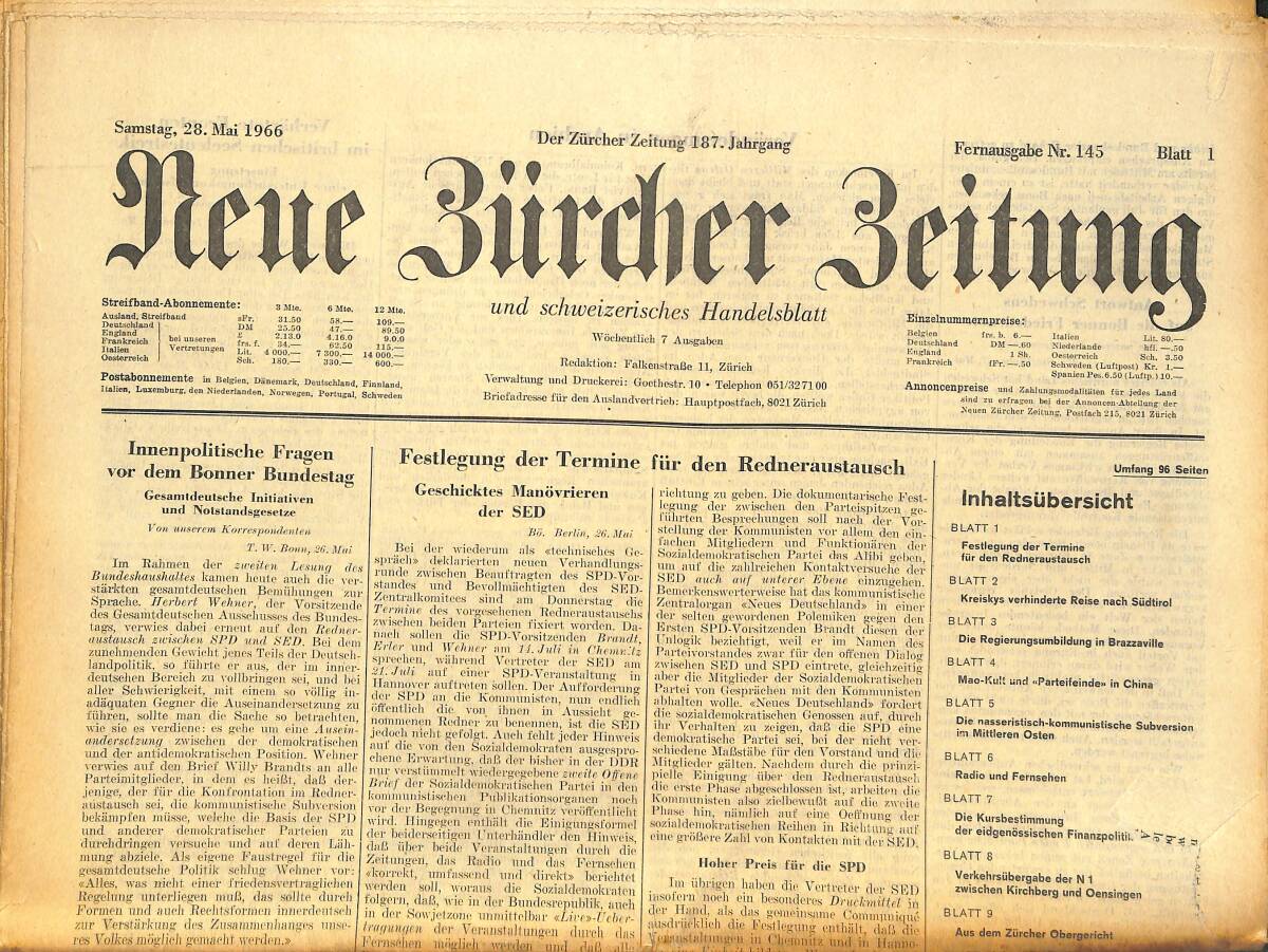 Neue Bürcher Beitung 28 Mai 1966 - Innenpolitische Fragen Vor Dem Bonner Bundestag GZ141603 - 1