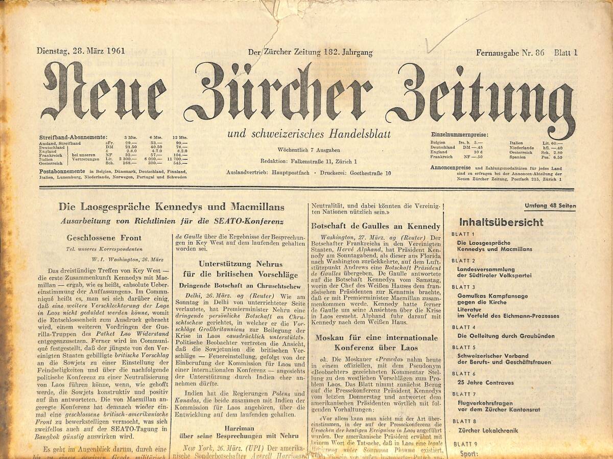 Neue Bürcher Beitung 28 Marz 1961 - Die Laosgesprache Kennedys Und Macmillans GZ141321 - 1