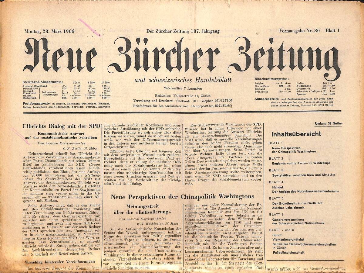 Neue Bürcher Beitung 28 Marz 1966 - Ulbrichts Dialog Mit Der SPD GZ140904 - 1