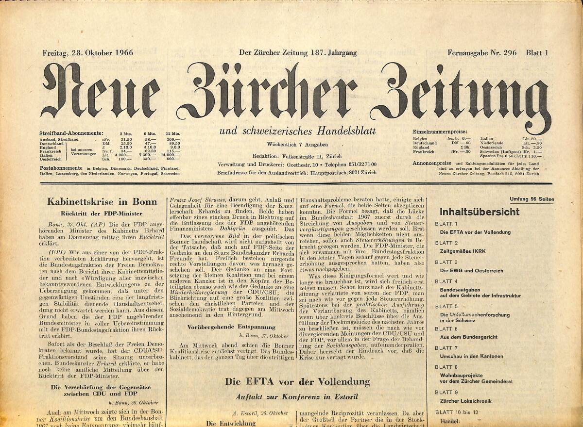Neue Bürcher Beitung 28 Oktober 1966 - Kabinettskrise İn Bonn GZ140960 - 1