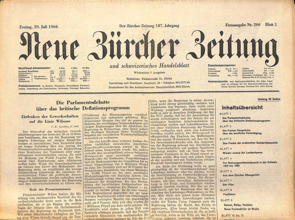 Neue Bürcher Beitung 29 Juli 1966 - Die Parlamentsdebatte Über Das Britische Deflationsprogramm GZ140876 - 1