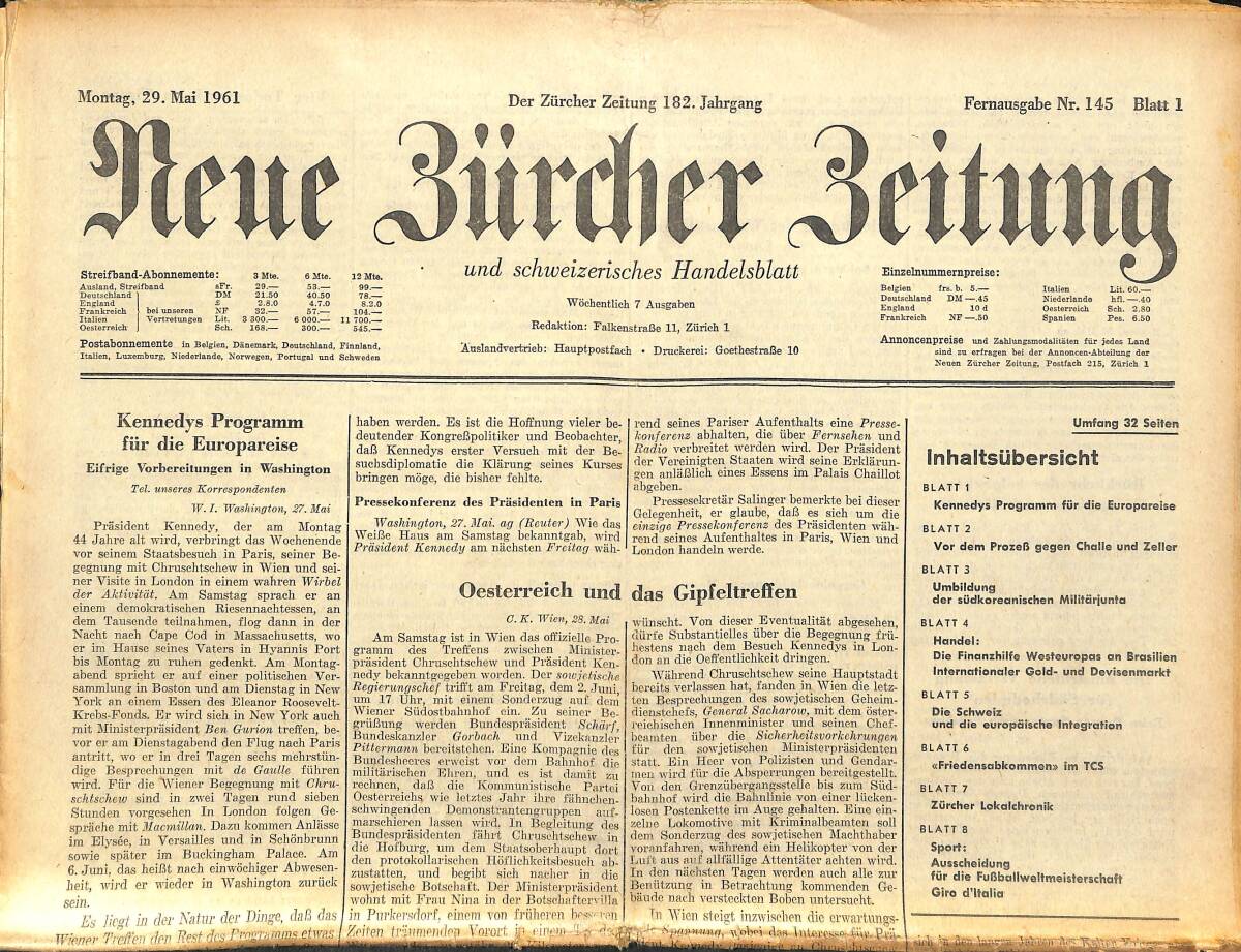 Neue Bürcher Beitung 29 Mai 1961 - Kennedys Programm Für Die Europareise GZ141570 - 1