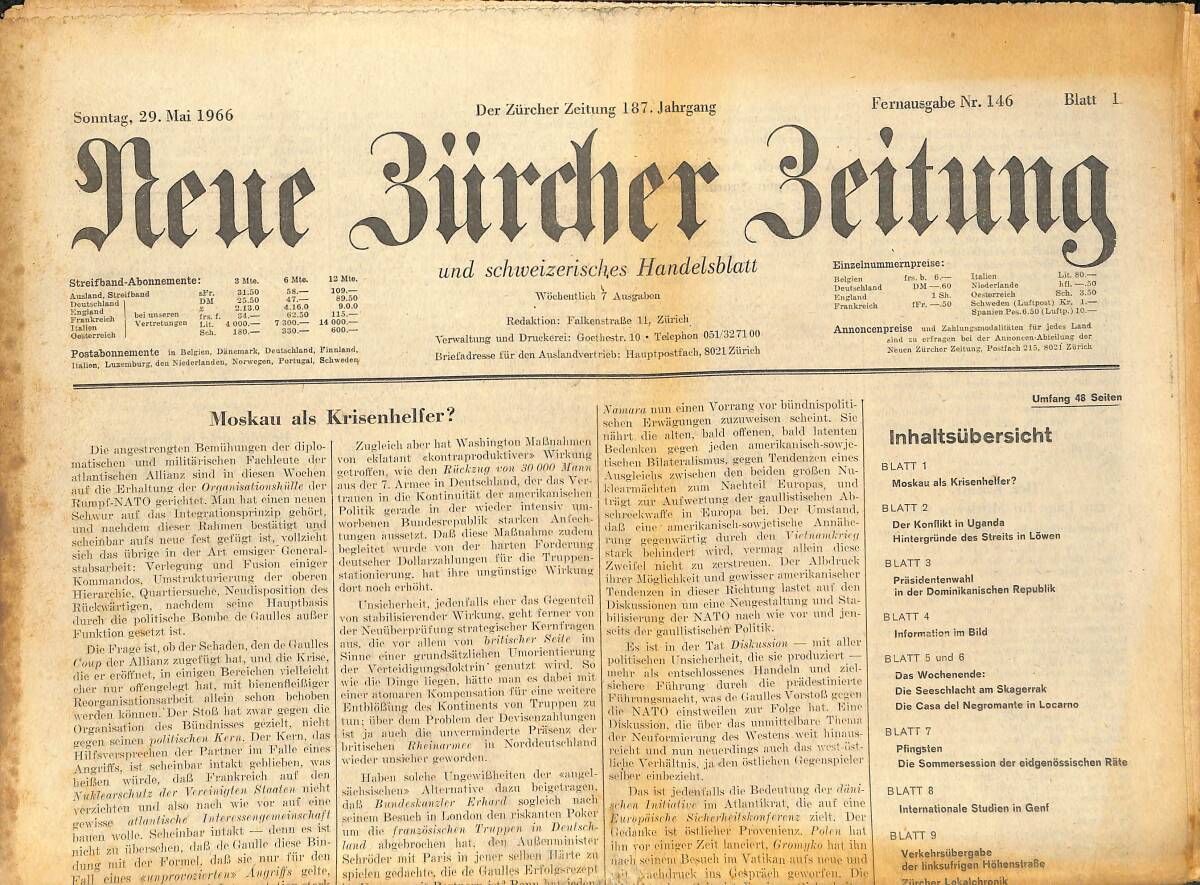 Neue Bürcher Beitung 29 Mai 1966 - Moskau Als Krisenhelfer? GZ141604 - 1