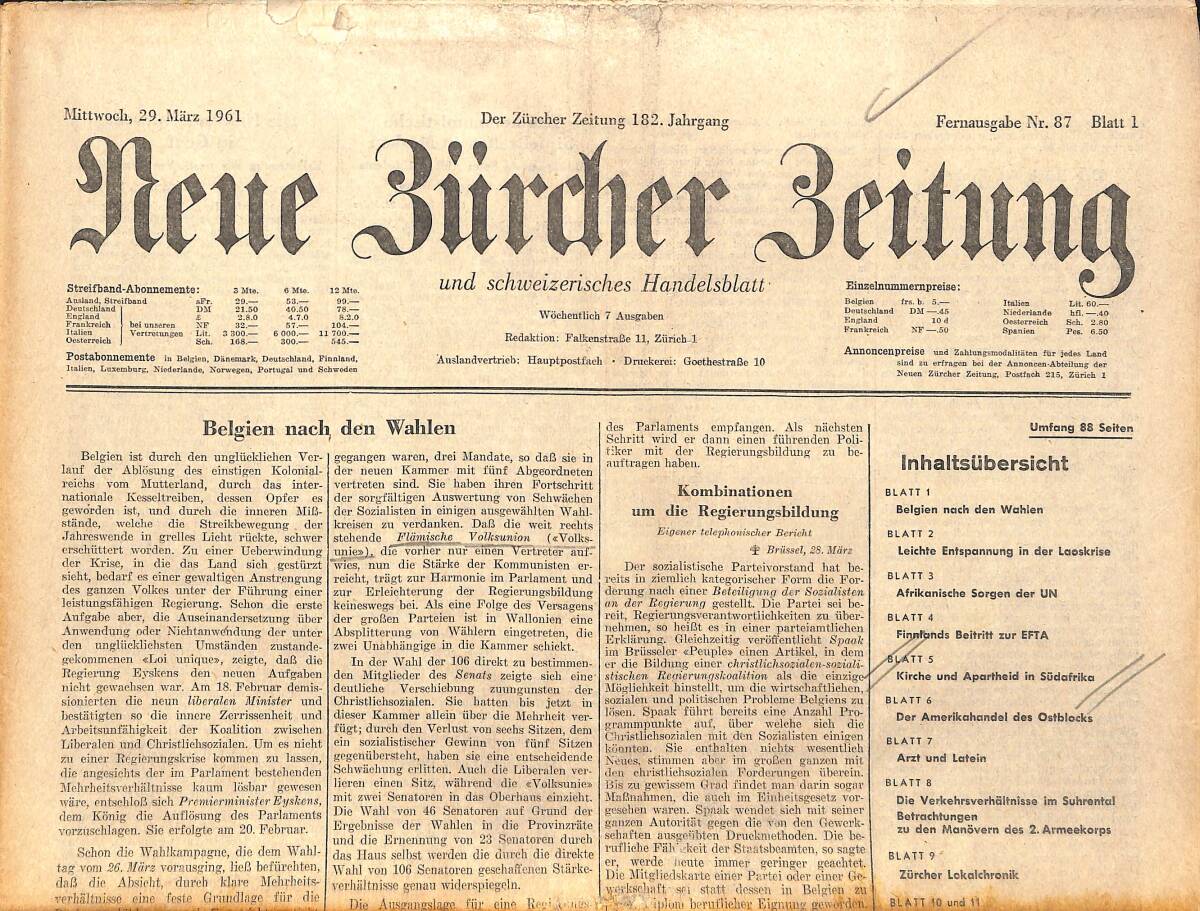 Neue Bürcher Beitung 29 Marz 1961 - Belgien Nach, Den Wahlen GZ141343 - 1
