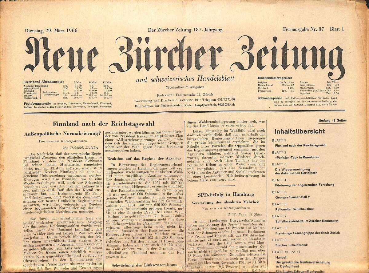 Neue Bürcher Beitung 29 Marz 1966 - Finnland Nach Der Reichstagswahl GZ140905 - 1