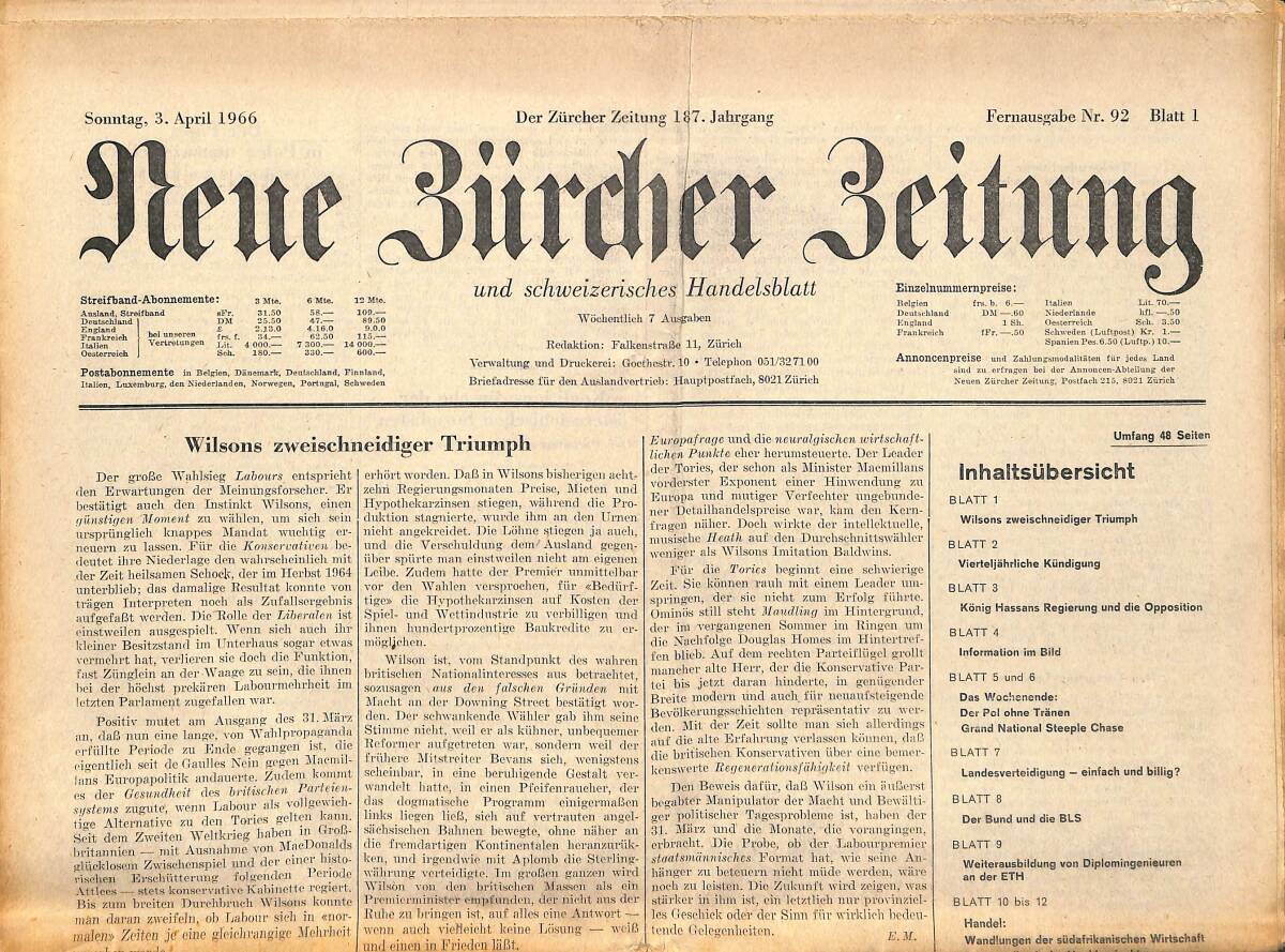 Neue Bürcher Beitung 3 April 1966 - Wilsons Zweischneidiger Triumph GZ141657 - 1