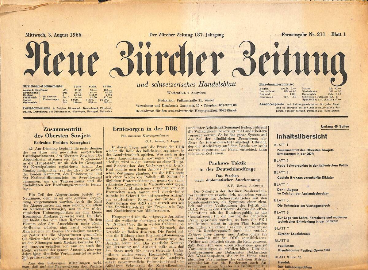 Neue Bürcher Beitung 3 August 1966 - Zusammentritt Des Obersten Sowjels GZ141649 - 1