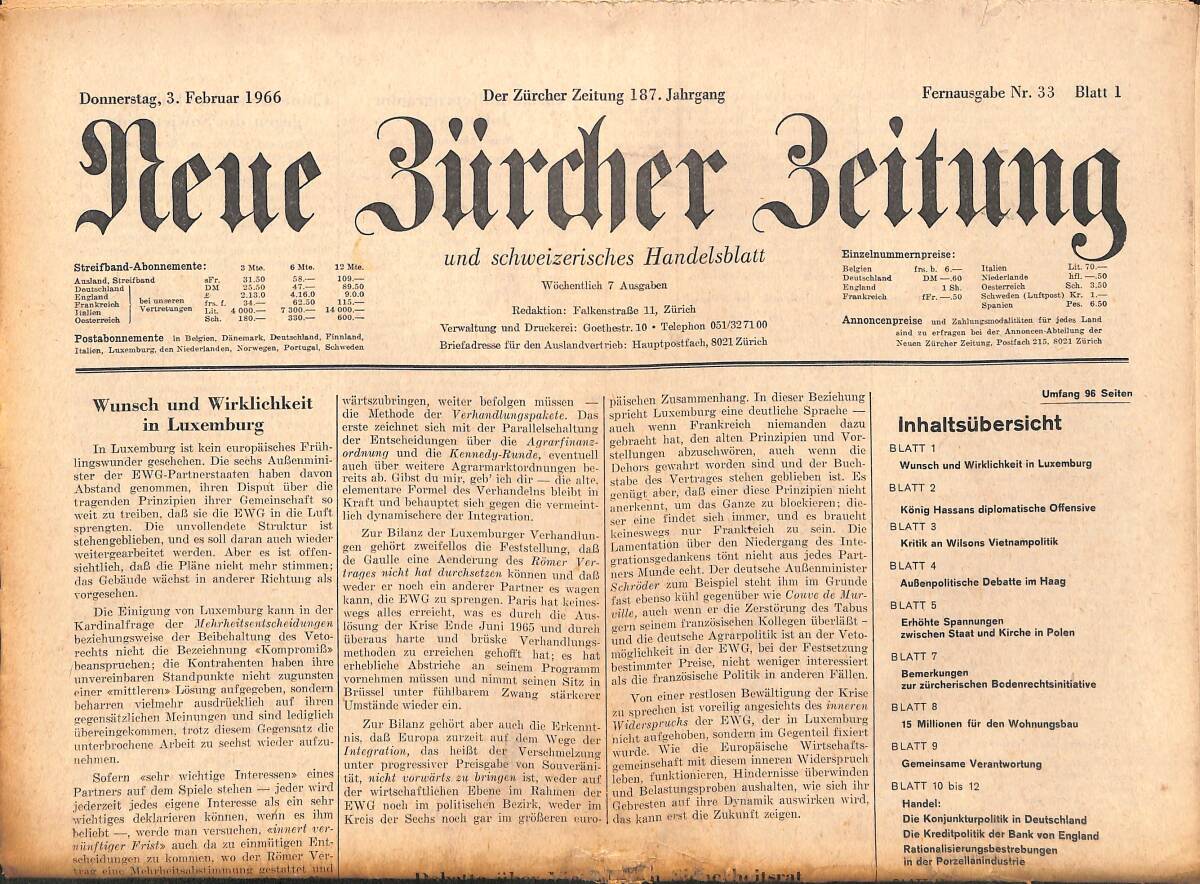Neue Bürcher Beitung 3 Februar 1966 - Wunsch Und Wirklicheit İn Luxemburg GZ140891 - 1