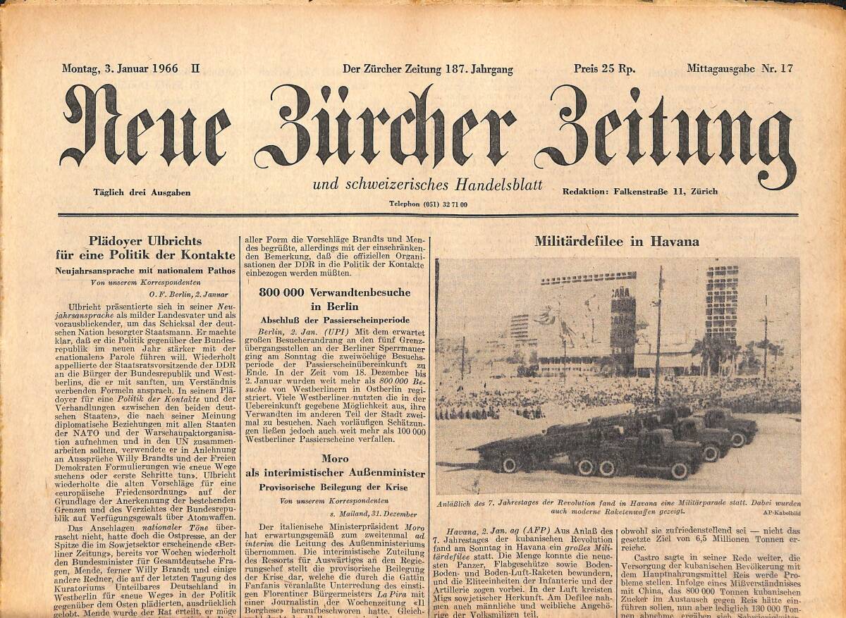 Neue Bürcher Beitung 3 Januar 1966 - Militardefilee İn Havana GZ141347 - 1