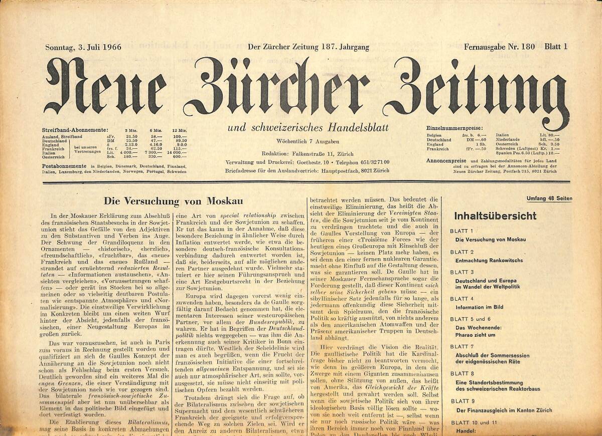 Neue Bürcher Beitung 3 Juli 1966 - Die Versuchung Von Moskou GZ141610 - 1