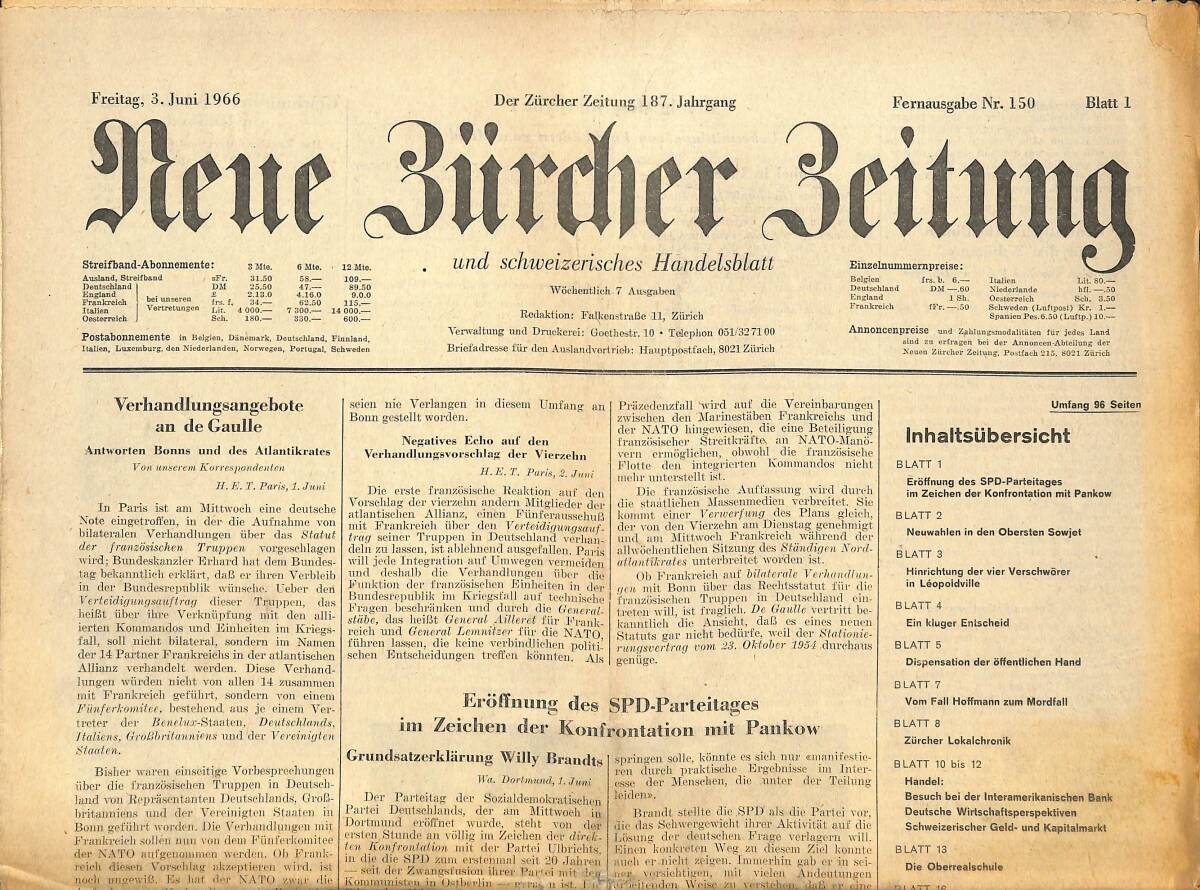 Neue Bürcher Beitung 3 Juni 1966 - Verhandlungsangebote An De Gaulle GZ141607 - 1