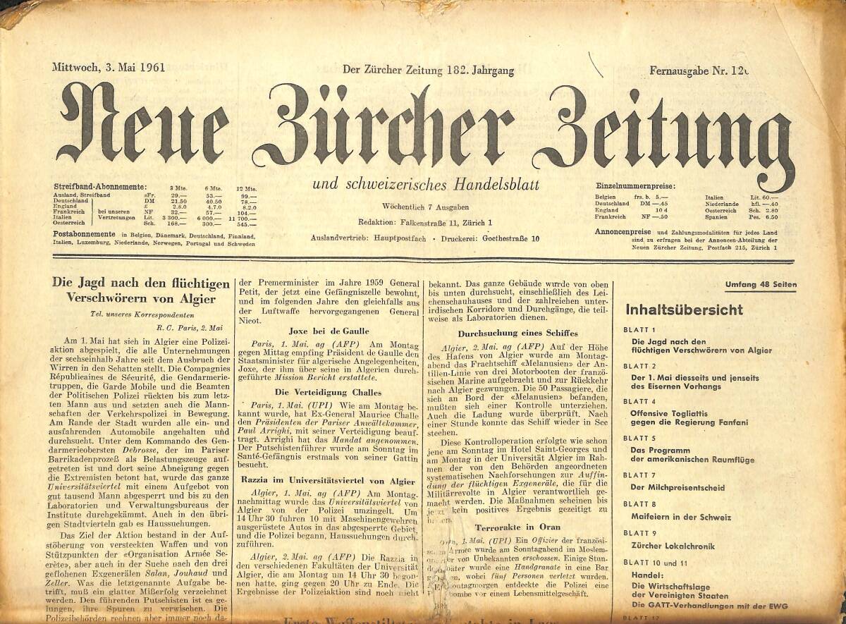 Neue Bürcher Beitung 3 Mai 1961 - Die Jagd Nach Den Flüchtigen Verscheörern Von Algier GZ141587 - 1