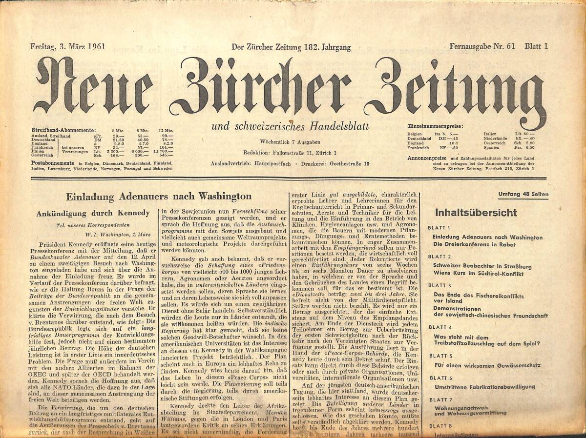 Neue Bürcher Beitung 3 Marz 1961 - Einladung Adenauers Nach Washington GZ140881 - 1