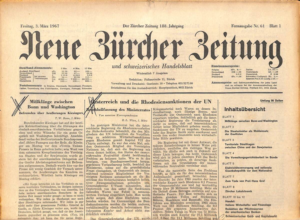 Neue Bürcher Beitung 3 Marz 1967 - Mibklange Zwischen Bonn Umd Washington GZ141638 - 1