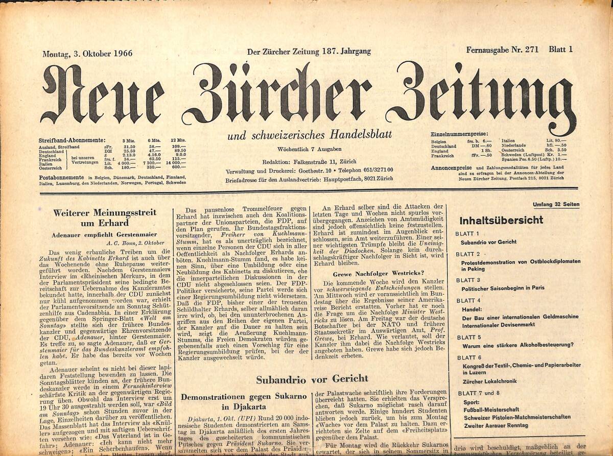 Neue Bürcher Beitung 3 Oktober 1966 - Weiterer Meinungsstreit Um Erhard GZ141349 - 1