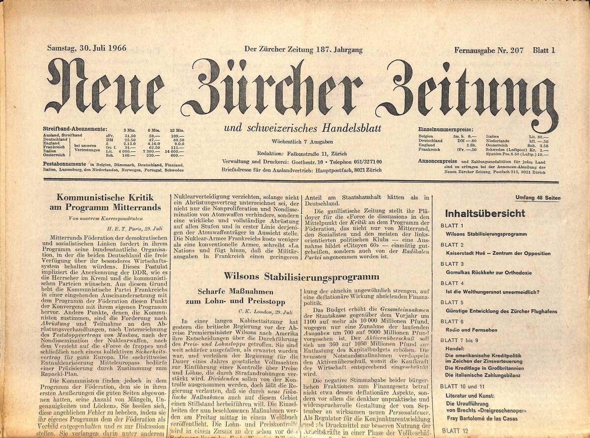Neue Bürcher Beitung 30 Juli 1966 - Wilsons Stabilisierungsprogramm GZ140877 - 1