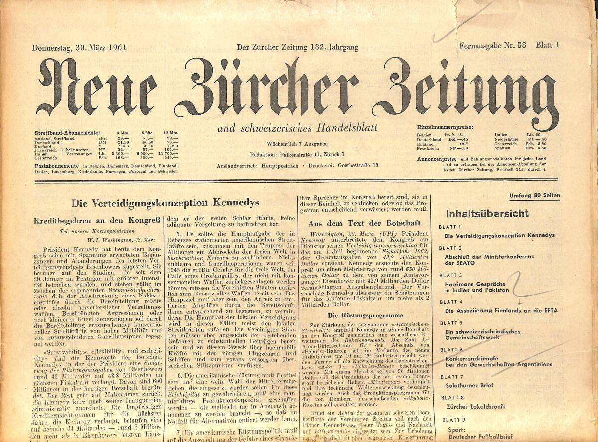 Neue Bürcher Beitung 30 Marz 1961 - Die Verteidigungskonzeption Kennedys GZ141342 - 1