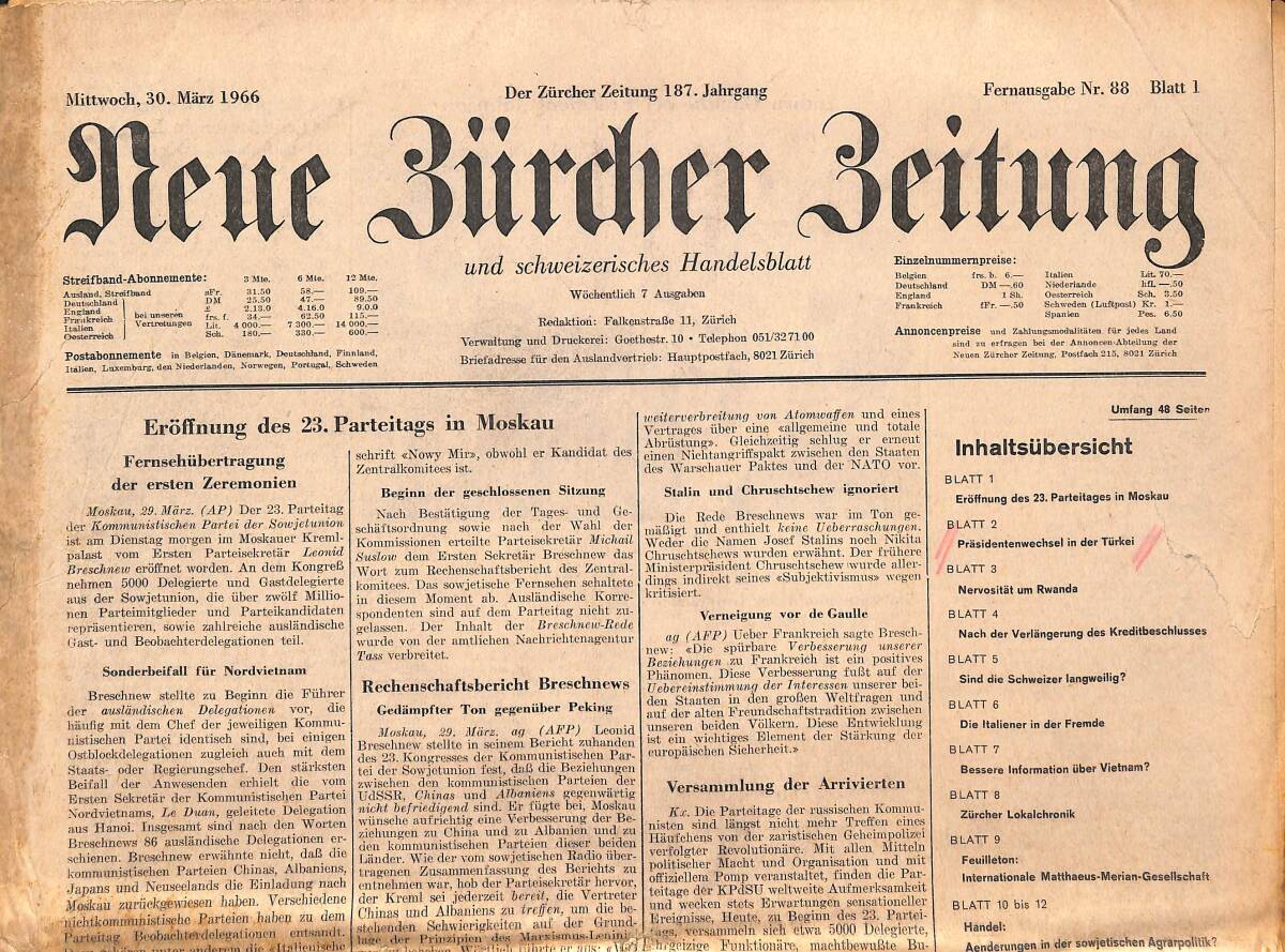 Neue Bürcher Beitung 30 Marz 1966 - Eröffnung Des 23. Parteitags İn Moskau GZ140906 - 1