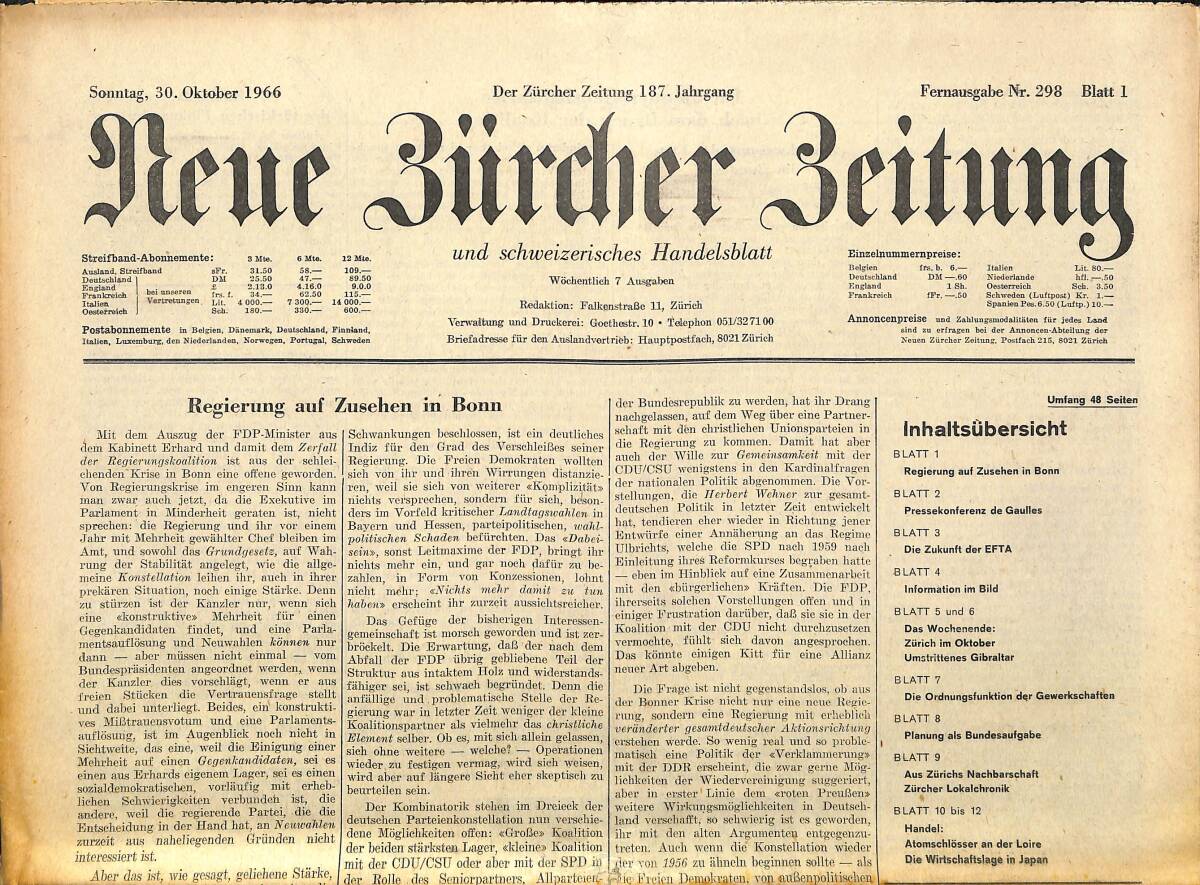 Neue Bürcher Beitung 30 Oktober 1966 - Regierung Auf Zusehen İn Bonn GZ140961 - 1