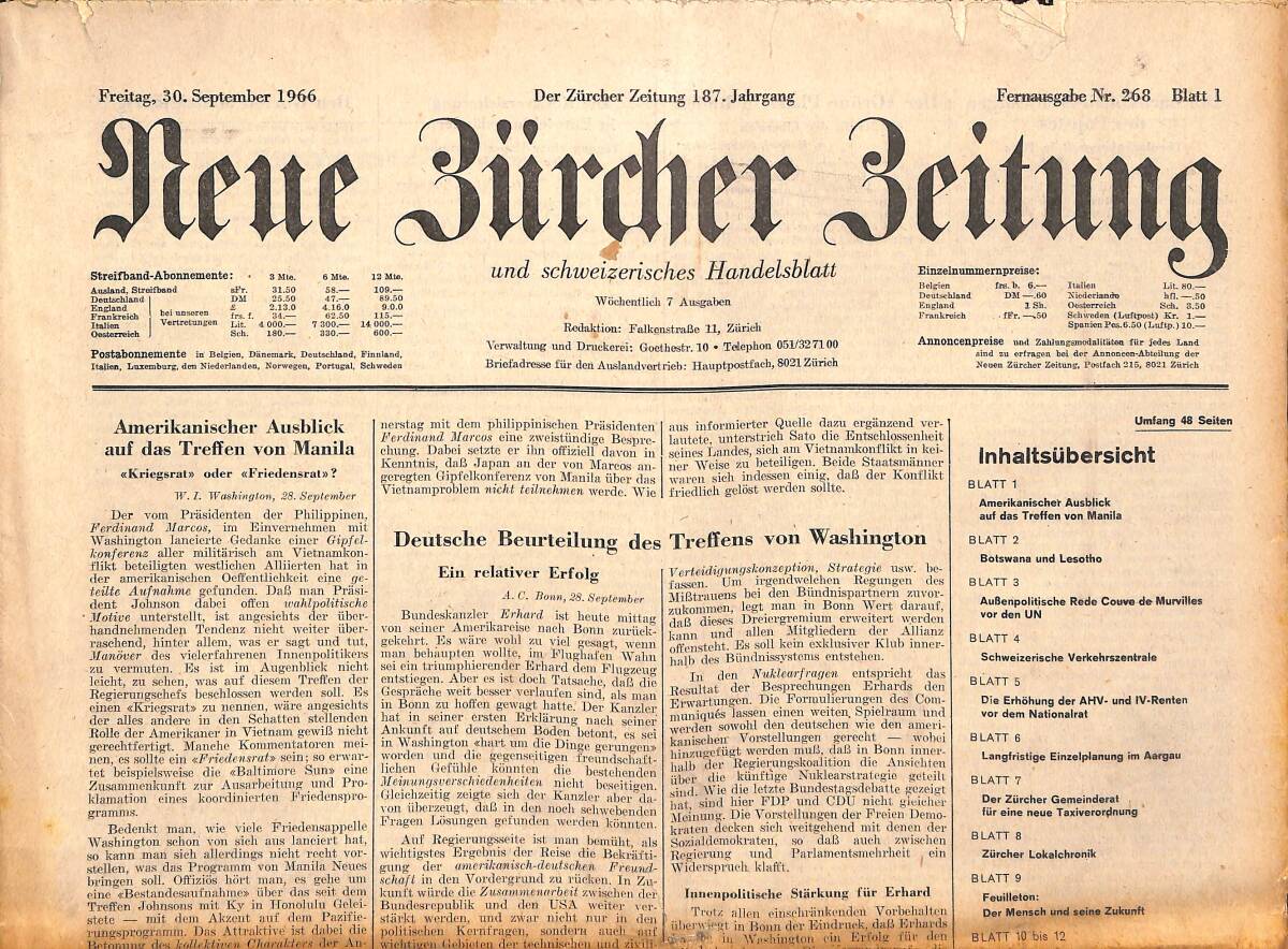 Neue Bürcher Beitung 30 September 1966 - Amerikanischer Ausblick Auf Das Treffen Von Manila GZ140888 - 1