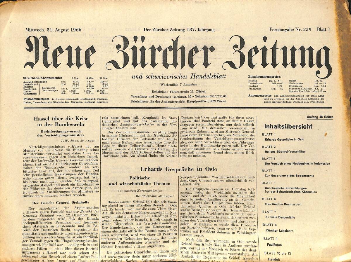 Neue Bürcher Beitung 31 August 1966 - Hassel Über Die Krise İn Der Bundeswehr GZ140940 - 1