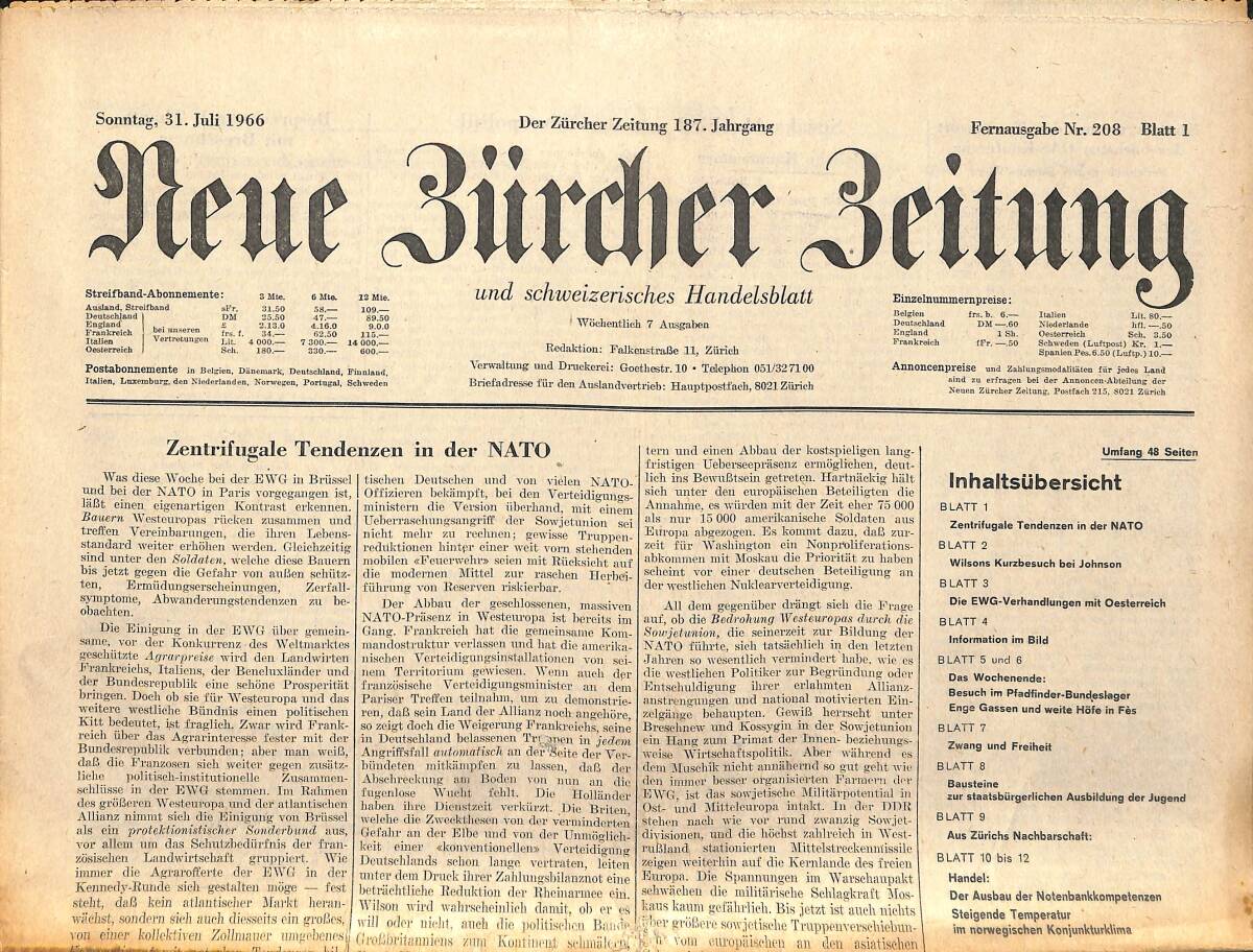 Neue Bürcher Beitung 31 Juli 1966 - Zentrifugale Tendenzen İn Der Nato GZ140878 - 1