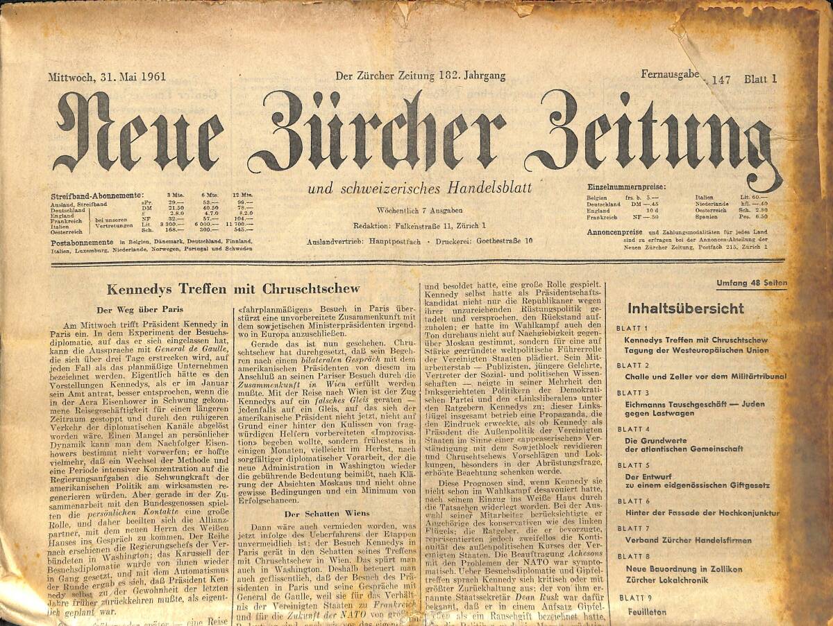 Neue Bürcher Beitung 31 Mai 1961 - Kennedys Treffen Mit Chruschtschew GZ141568 - 1