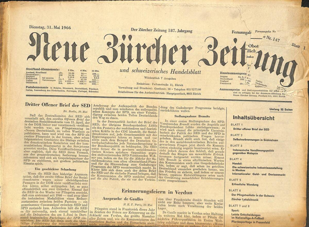 Neue Bürcher Beitung 31 Mai 1966 - Dritter Offener Brief Der SED GZ141606 - 1