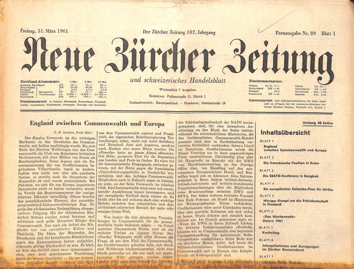 Neue Bürcher Beitung 31 Marz 1961 - England Zwischen Commonwealth Und Europa GZ140921 - 1
