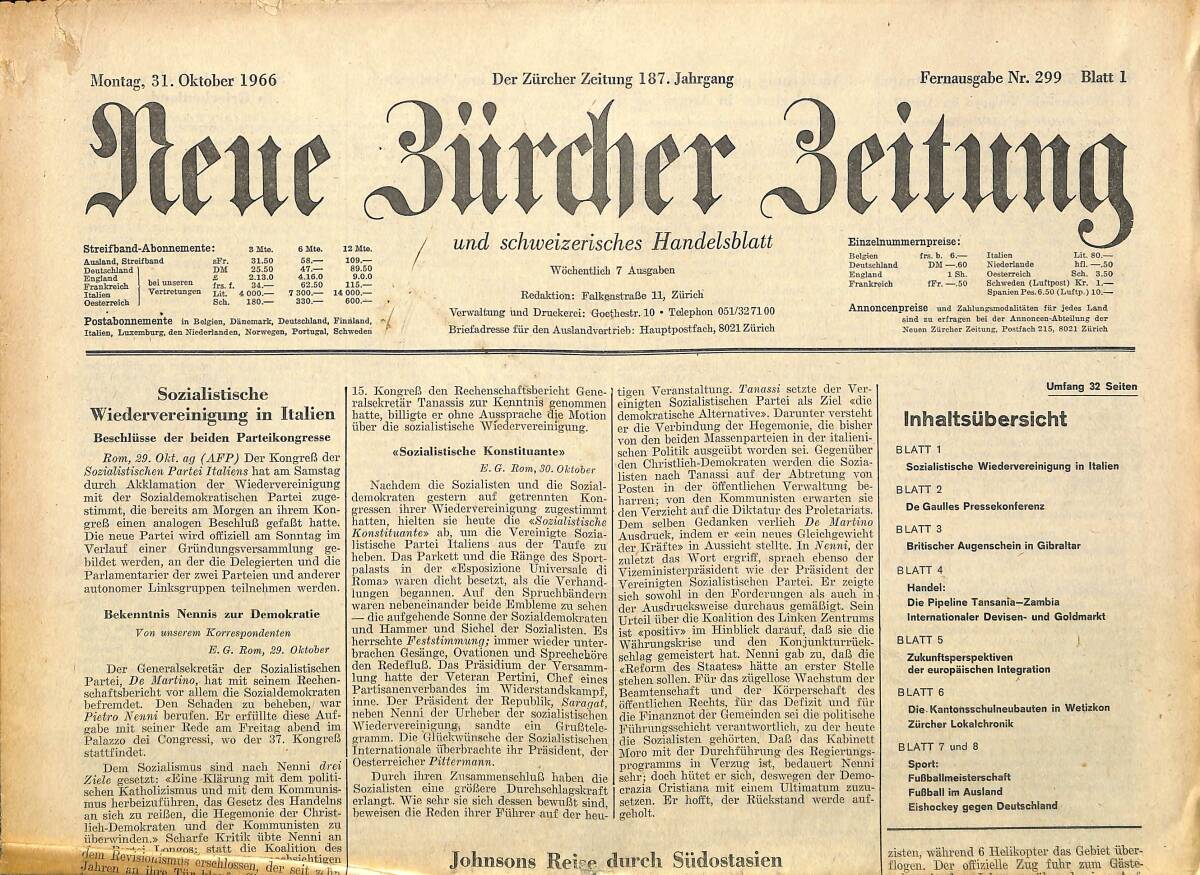 Neue Bürcher Beitung 31 Oktober 1966 - Sozialistische Wiedervereinigung İn İtalien GZ141262 - 1