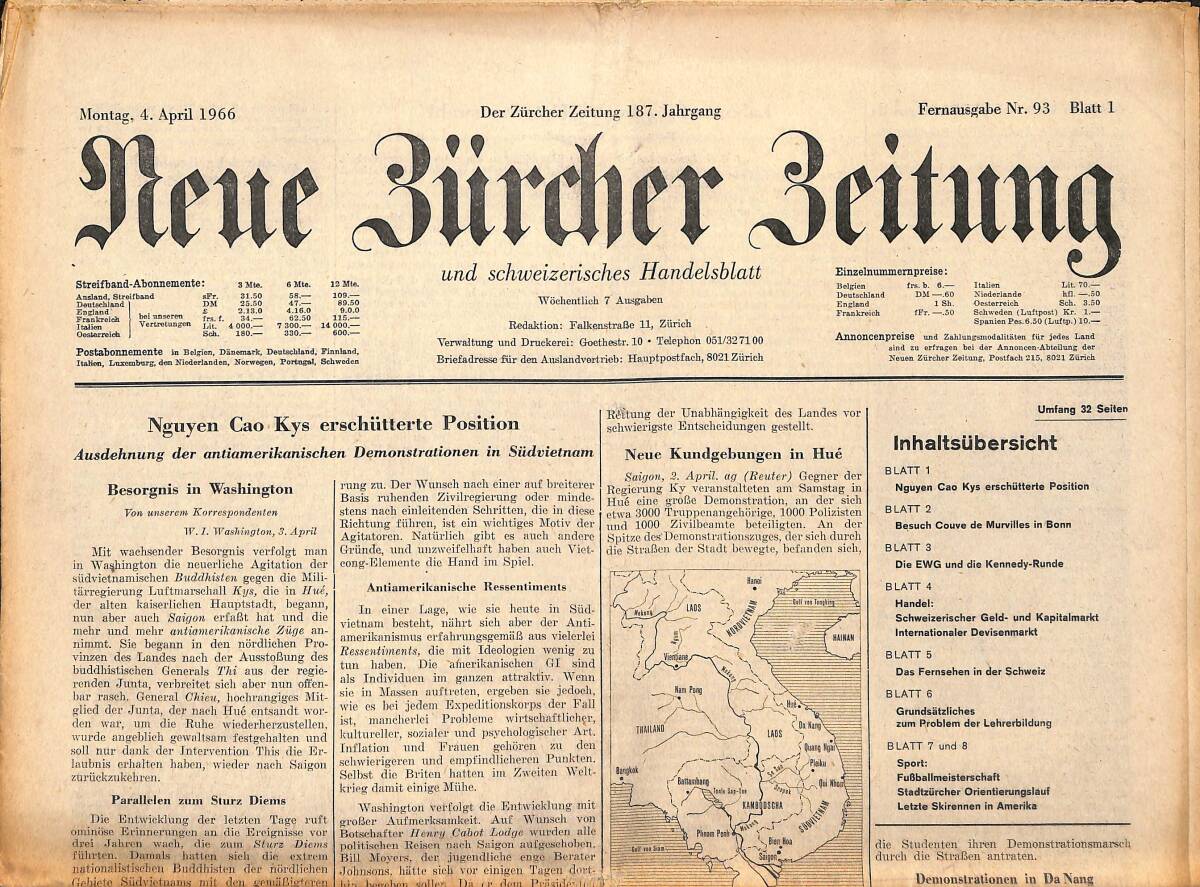 Neue Bürcher Beitung 4 April 1966 - Nguyen Cao Kys Erschütterte Position GZ141658 - 1