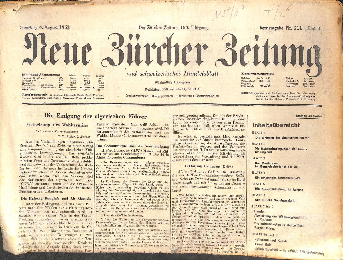 Neue Bürcher Beitung 4 August 1962 - Die Einigung Der Algerischen Führer GZ141891 - 1