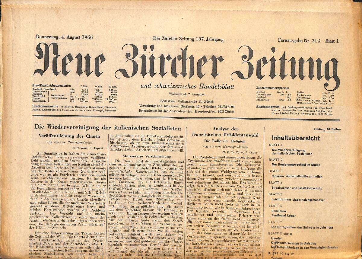 Neue Bürcher Beitung 4 August 1966 - Die Wiedervereinigung Der İtalienischen Sozialisten GZ141650 - 1