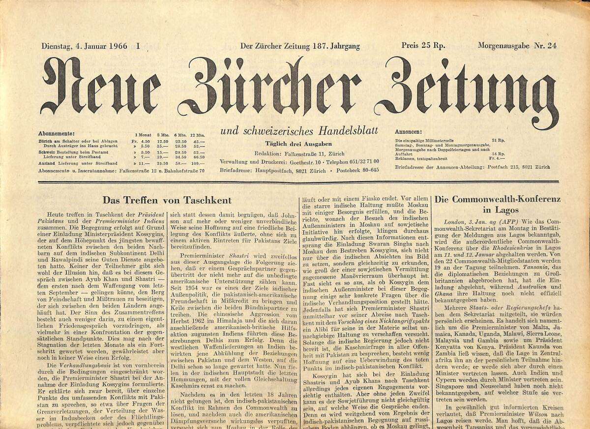 Neue Bürcher Beitung 4 Januar 1966 - Das Treffen Von Taschkent GZ140949 - 1