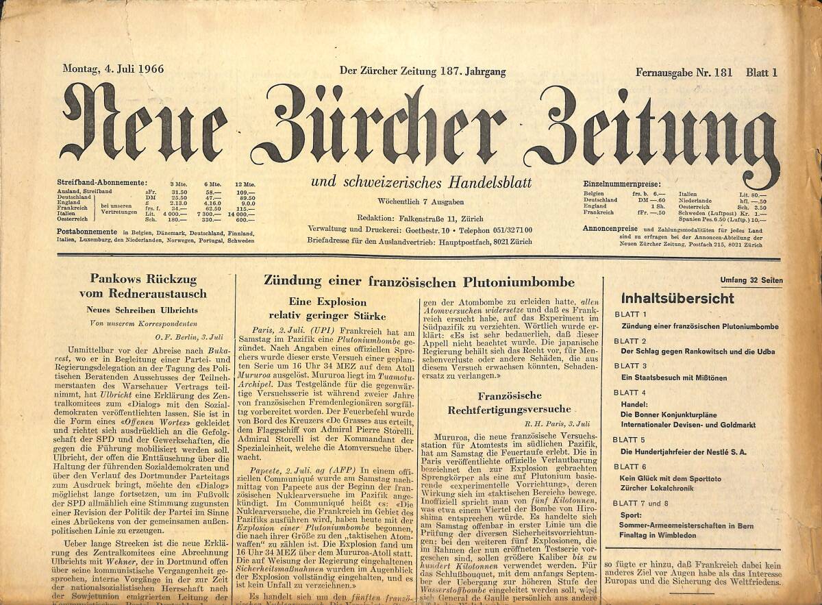 Neue Bürcher Beitung 4 Juli 1966 - Pankows Rückzug Vom Redneraustausch GZ141611 - 1