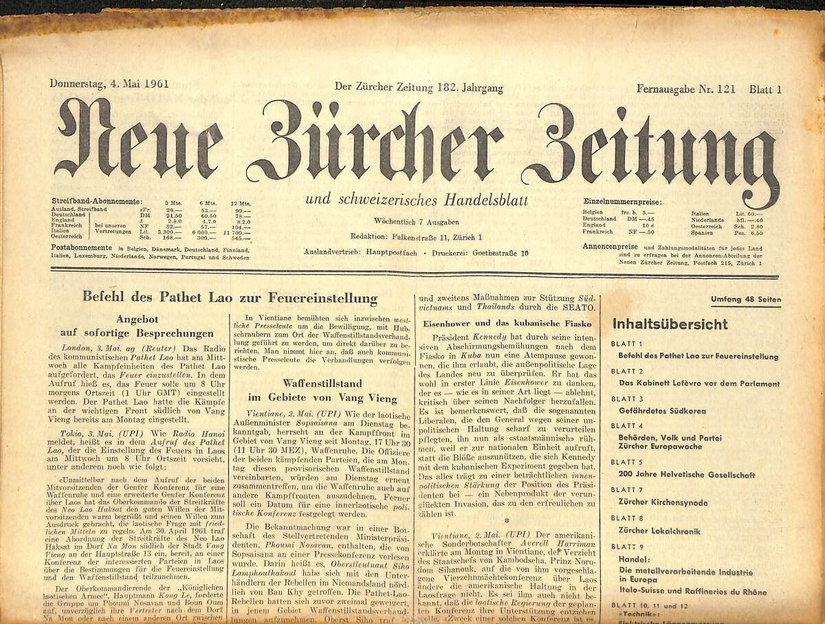 Neue Bürcher Beitung 4 Mai 1961 - Befehl Des Pathel Lao Zur Feuereinstellung GZ141588 - 1