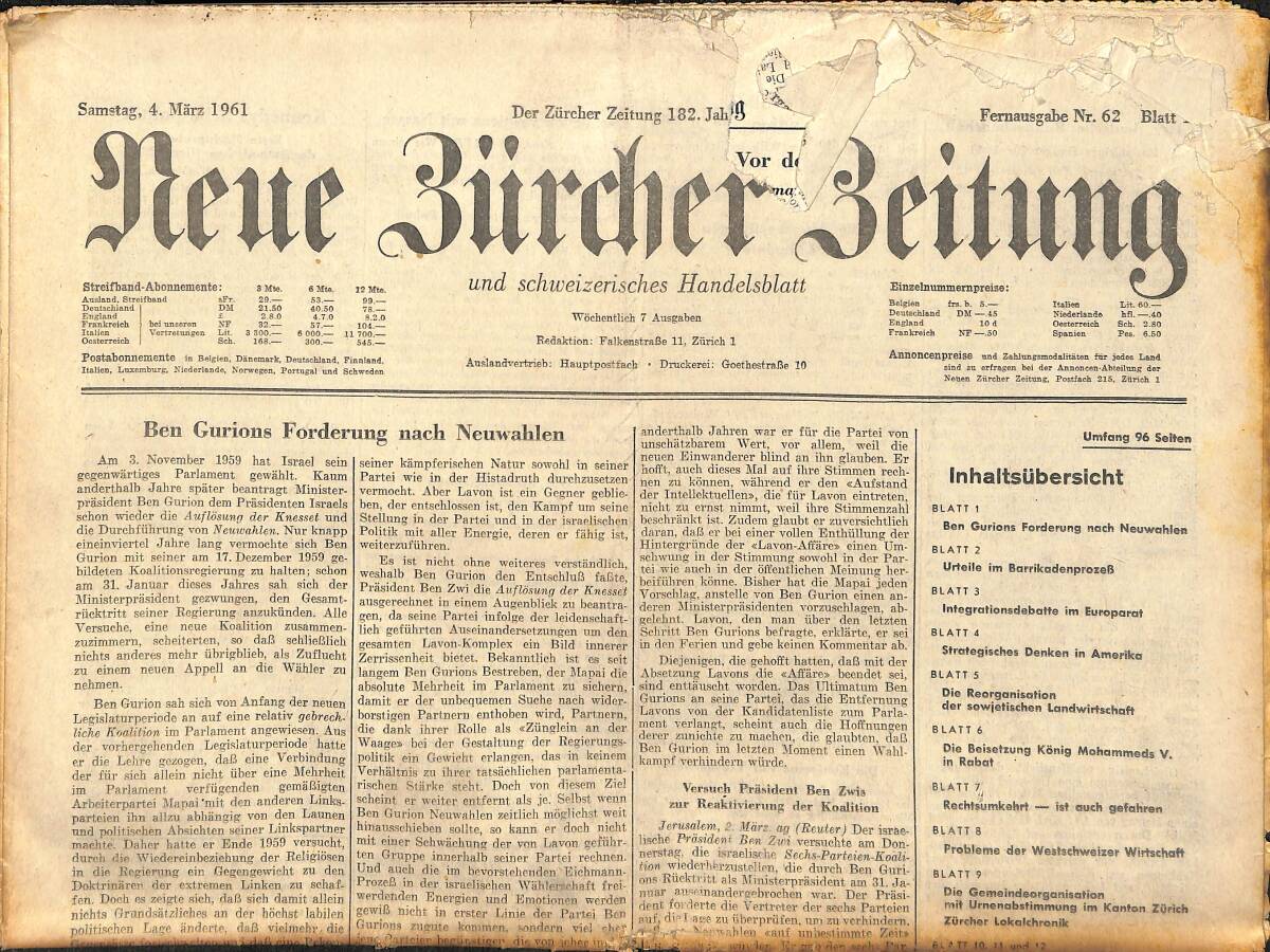 Neue Bürcher Beitung 4 Marz 1961 - Ben Gurions Forderung Nach Neuwahlen GZ140882 - 1