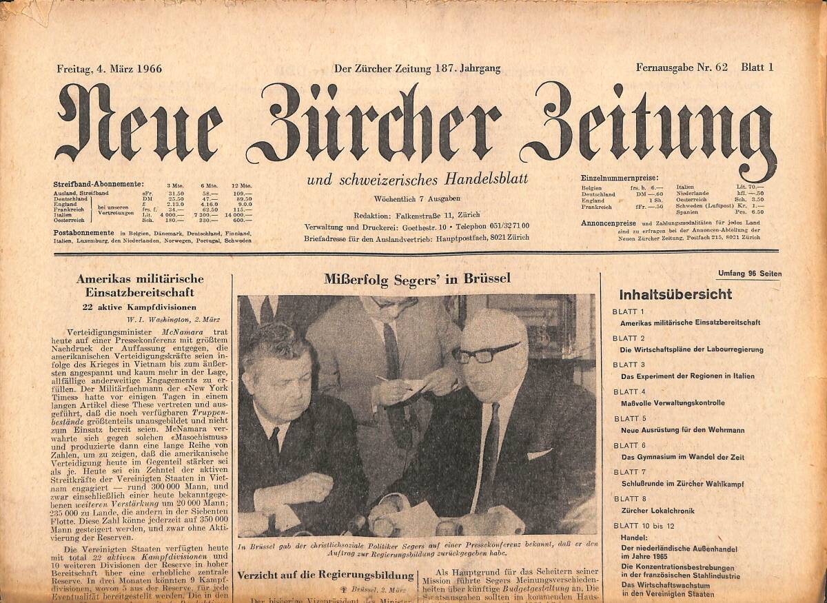 Neue Bürcher Beitung 4 Marz 1966 - Amerikas Militarische Einsatzbereitschaft GZ140907 - 1