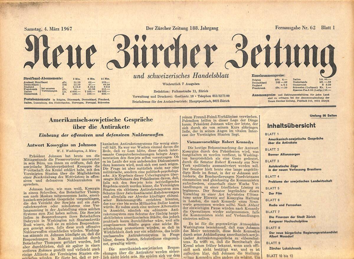 Neue Bürcher Beitung 4 Marz 1967 - Amerikanisch - Sowjetische Gesprache Über Die Antirakete GZ141639 - 1