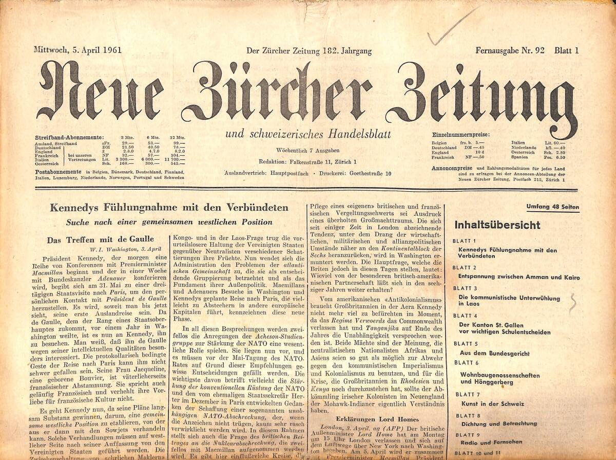 Neue Bürcher Beitung 5 April 1961 - Kennedys Fühlungnahme Mit Den Verbündeten GZ140919 - 1