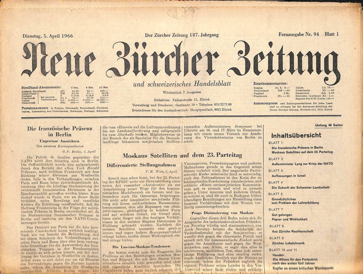 Neue Bürcher Beitung 5 April 1966 - Die Französische Prasenz İn Berlin GZ141659 - 1