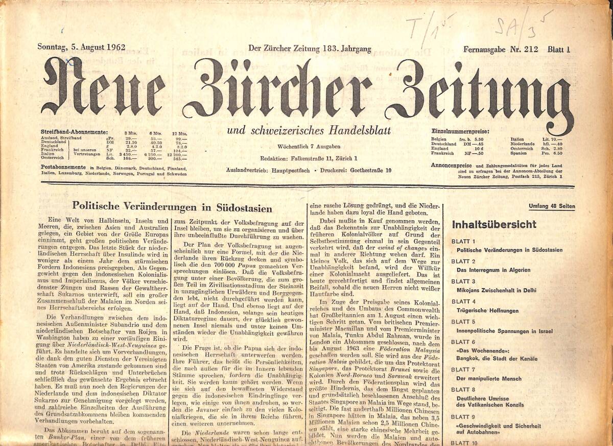 Neue Bürcher Beitung 5 August 1962 - Politische Veranderungen İn Südostasien GZ141892 - 1