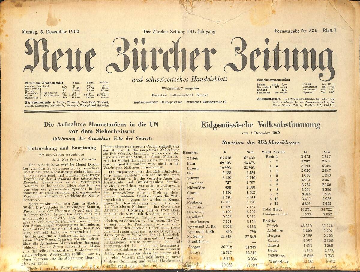 Neue Bürcher Beitung 5 Dezember 1960 - Die Aufnahme Mauretaniens İn Die UN Vor Dem Sicherheitsrat GZ141626 - 1