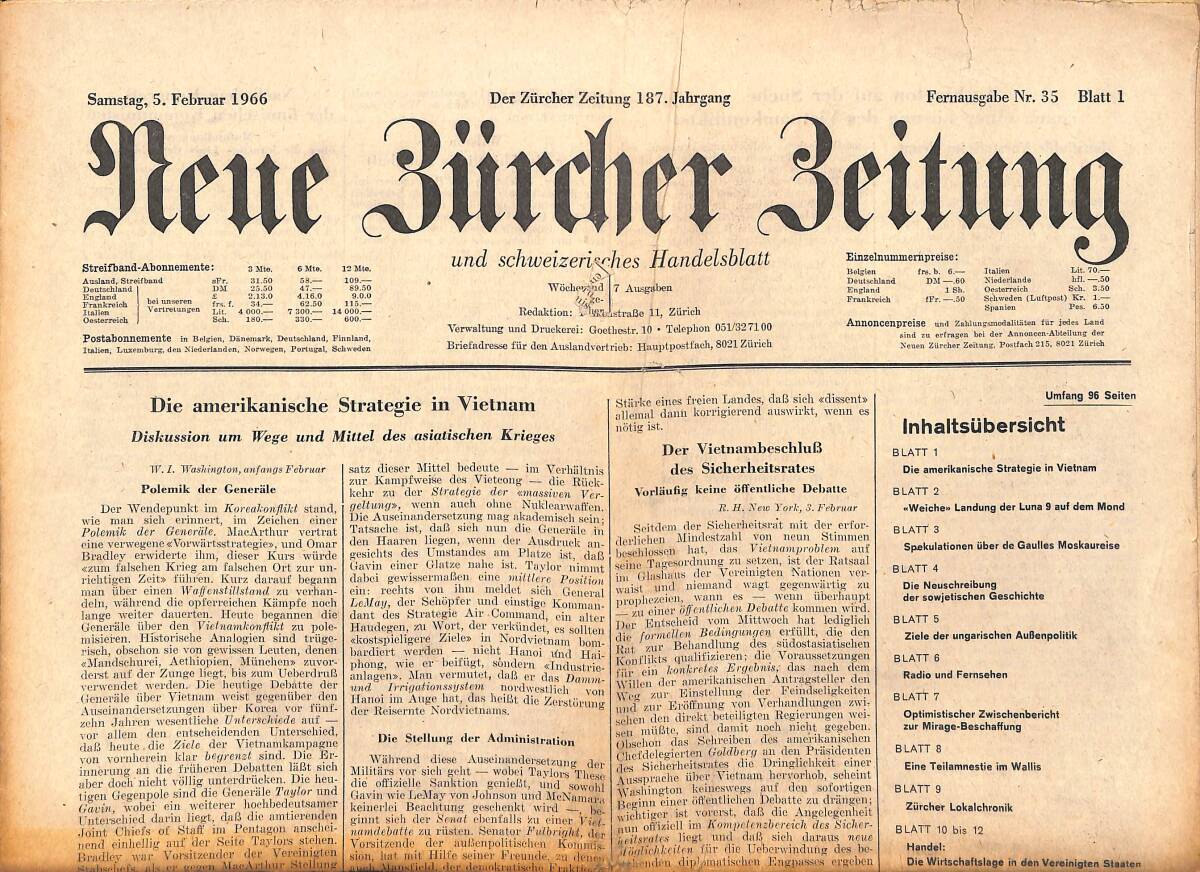 Neue Bürcher Beitung 5 Februar 1966 - Kossygins Botschaft An Die Abrüstungskonferenz GZ140893 - 1
