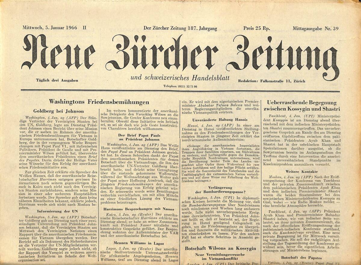 Neue Bürcher Beitung 5 Januar 1966 - Washingtons Friedensbemühungen GZ140951 - 1