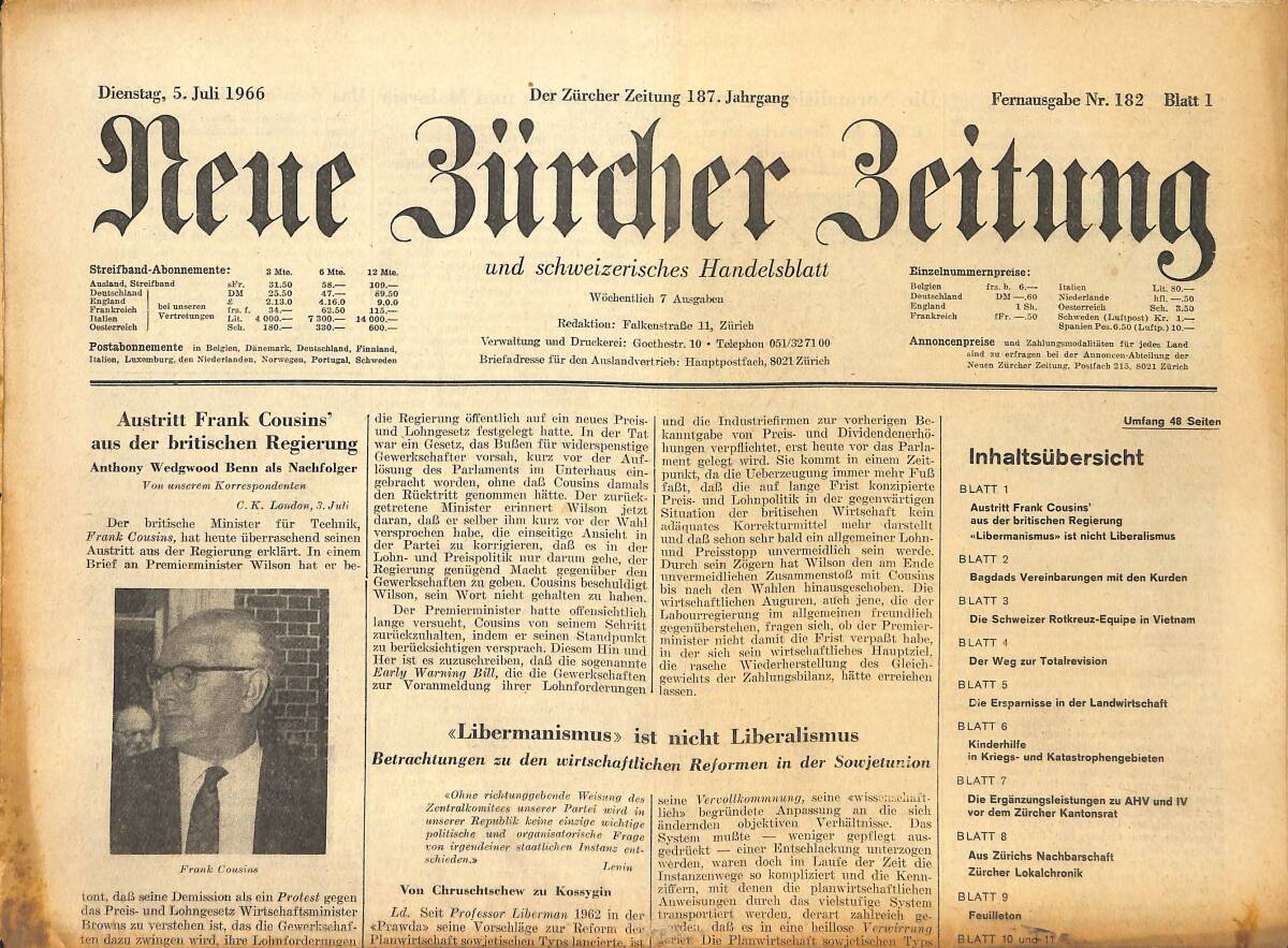 Neue Bürcher Beitung 5 Juli 1966 - Austritt Frank Cousins Aus Der Britischen Regierung GZ141612 - 1