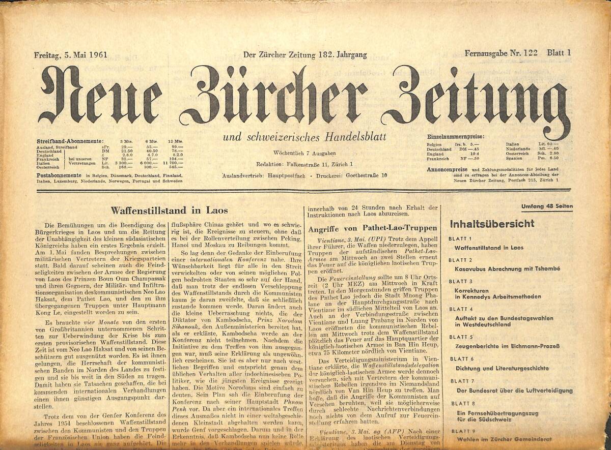 Neue Bürcher Beitung 5 Mai 1961 - Waffenstillstand İn Laos GZ141589 - 1