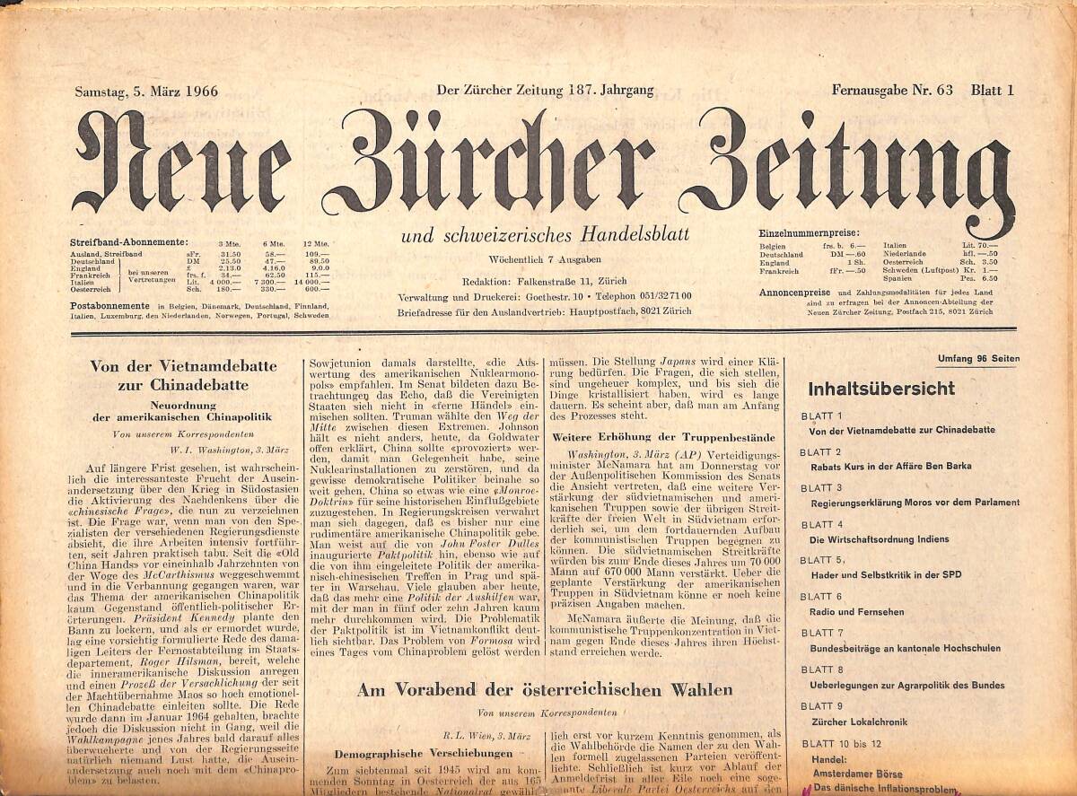 Neue Bürcher Beitung 5 Marz 1966 - Von Der Viettnamdebatte Zur Chinadebatte GZ140908 - 1