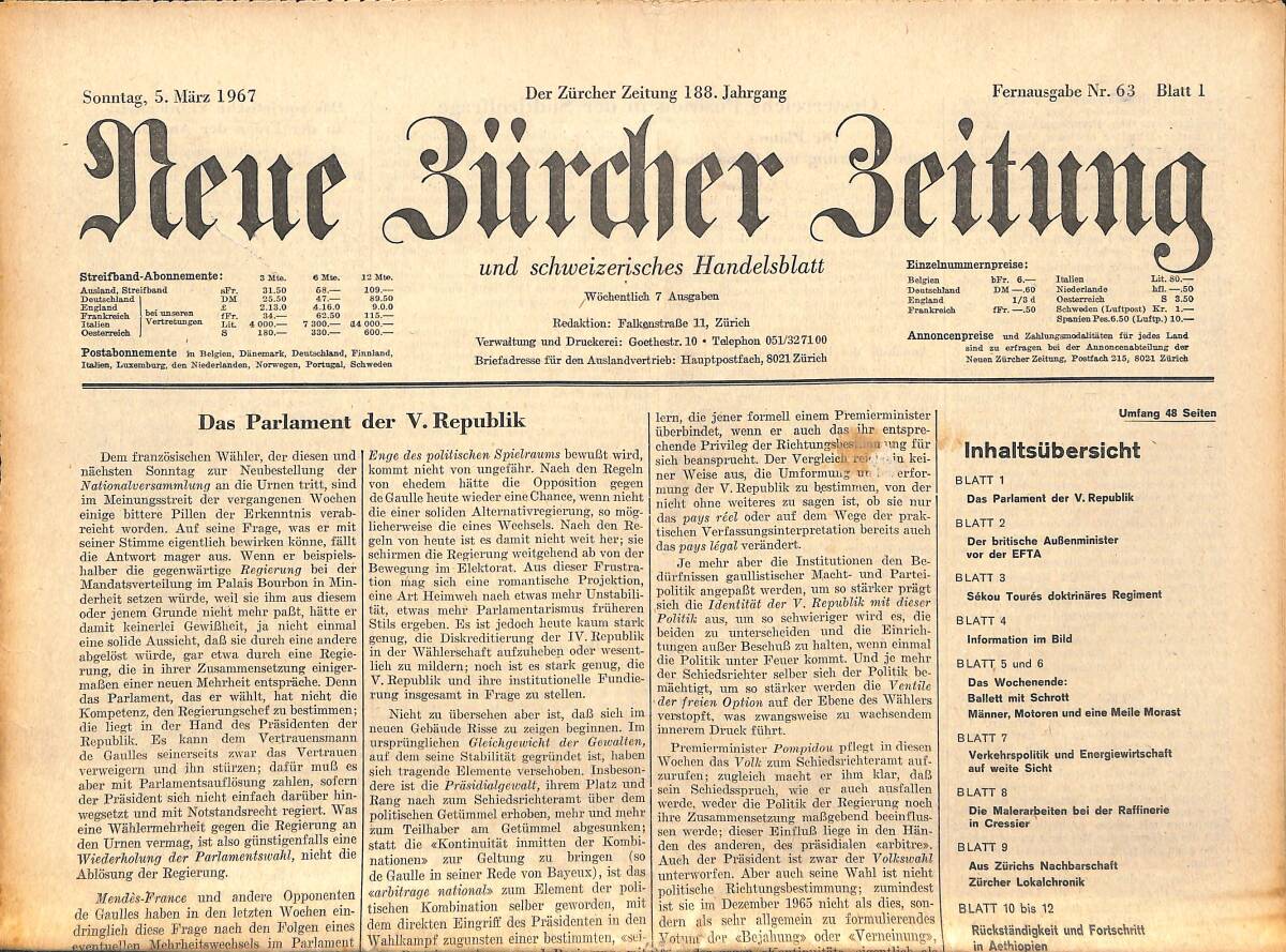 Neue Bürcher Beitung 5 Marz 1967 - Das Parlament Der V. Republik GZ141640 - 1